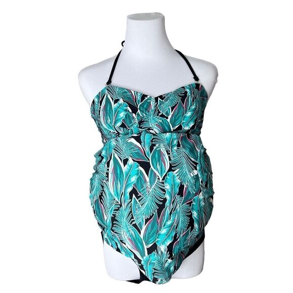 BOGOF Isabel Maternity 2pc Tankini Swimsuit Tropical Green Halter Black Bottom - Picture 1 of 15